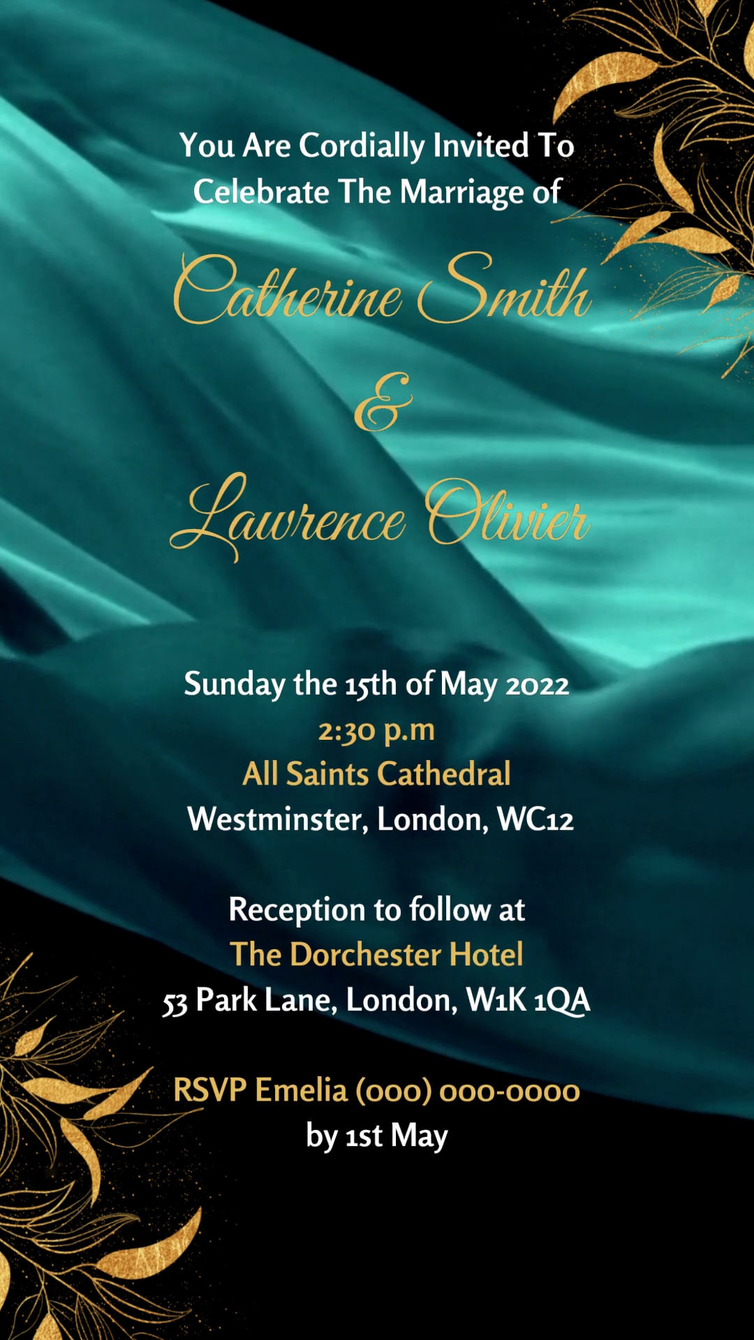 Green Silk Chiffon Wedding Video Invitation with gold text and leaf design, customizable via Canva for digital sharing on smartphones.