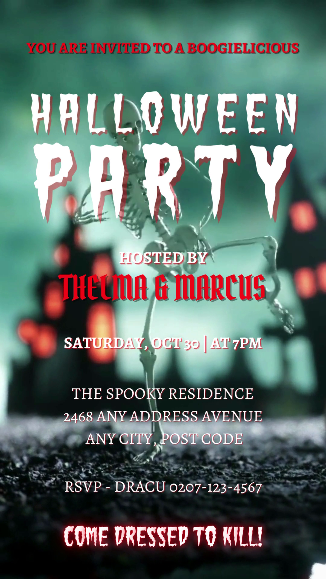 Funny Dancing Skeleton | Halloween Party Video Invite: Digital editable invitation featuring a dancing skeleton, customizable in Canva with spooky soundtrack. Ideal for electronic sharing via text, email, or messenger apps.