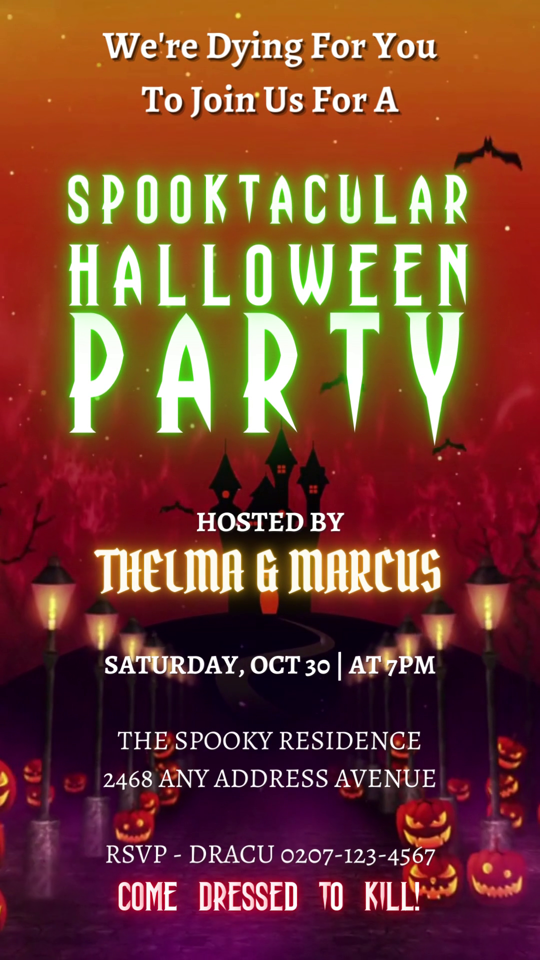 Haunted House Road | Halloween Party Video Invite featuring spooky graphics, editable text, and a tense soundtrack, ideal for digital sharing via text, email, or messaging apps.