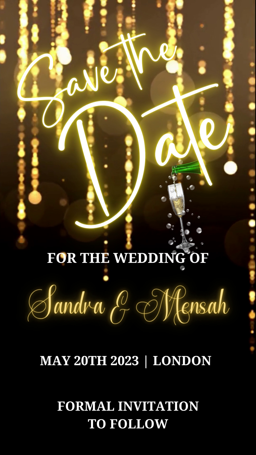 Gold Chandelier Sparkle | Save The Date Video Invitation displayed with a champagne glass, customizable via Canva for electronic sharing.