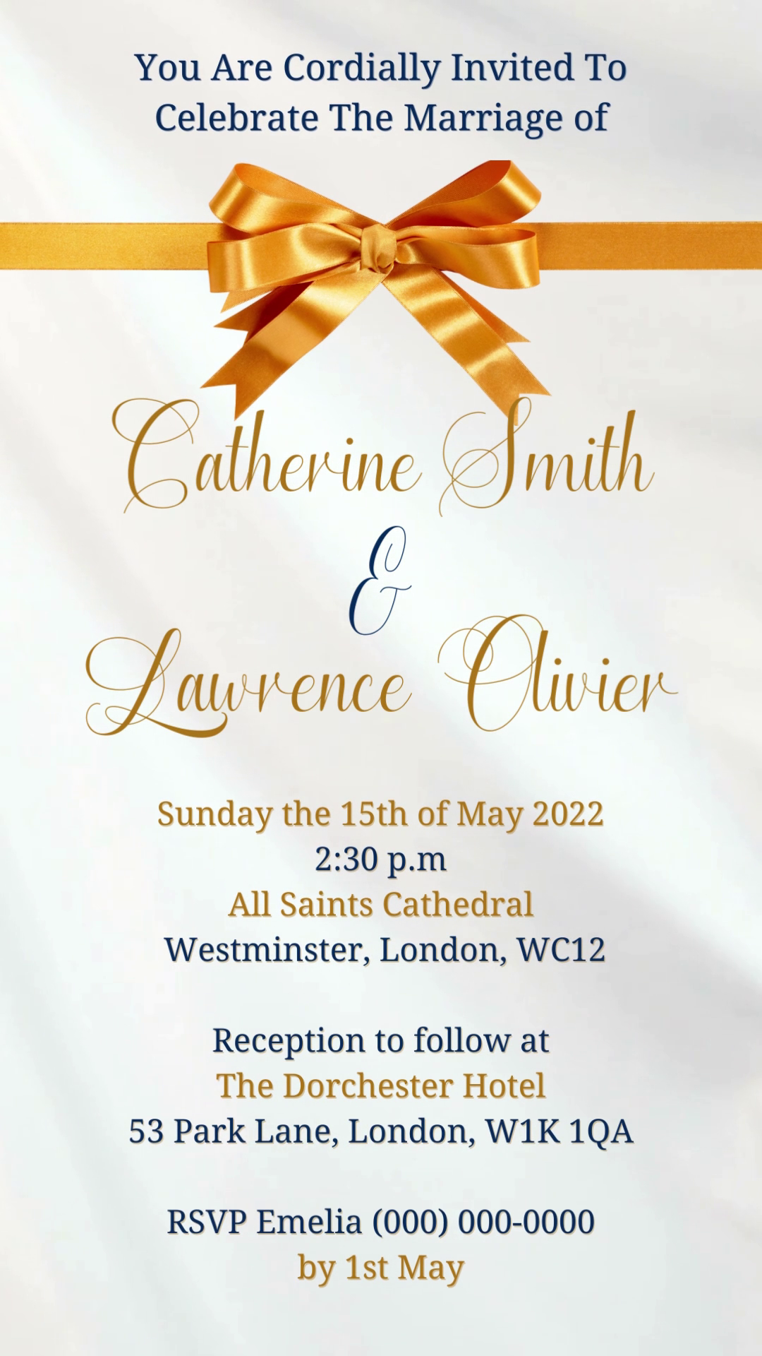 Gold White Silk Bow Wedding Video Invitation with customizable text, gold ribbons, and a bow, designed for easy personalization via Canva for digital sharing.