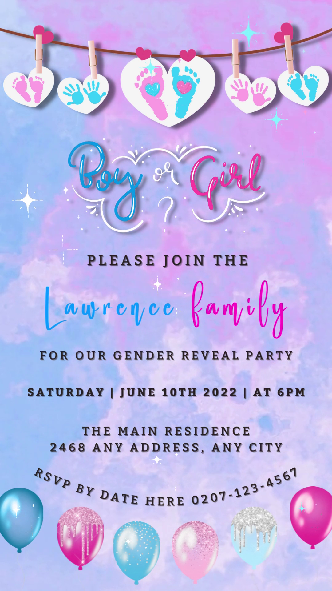 Pink Blue Sky Hearts | Gender Reveal Party Video Invitation with customizable text, featuring clouds, stars, and balloons, editable in Canva for digital sharing.