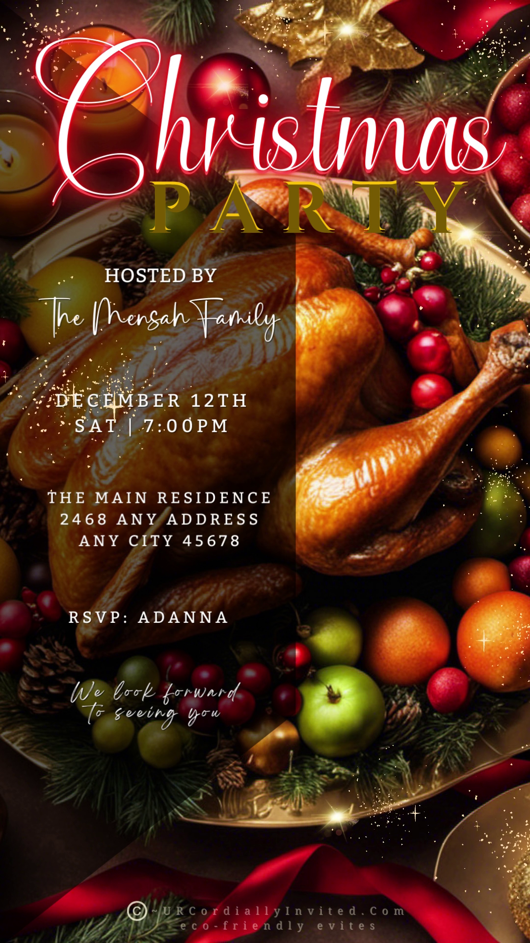 Editable Digital Red Neon Festive Food Platter | Christmas Video Invitation featuring turkey, fruits, and a candle; customizable via Canva for easy event sharing.