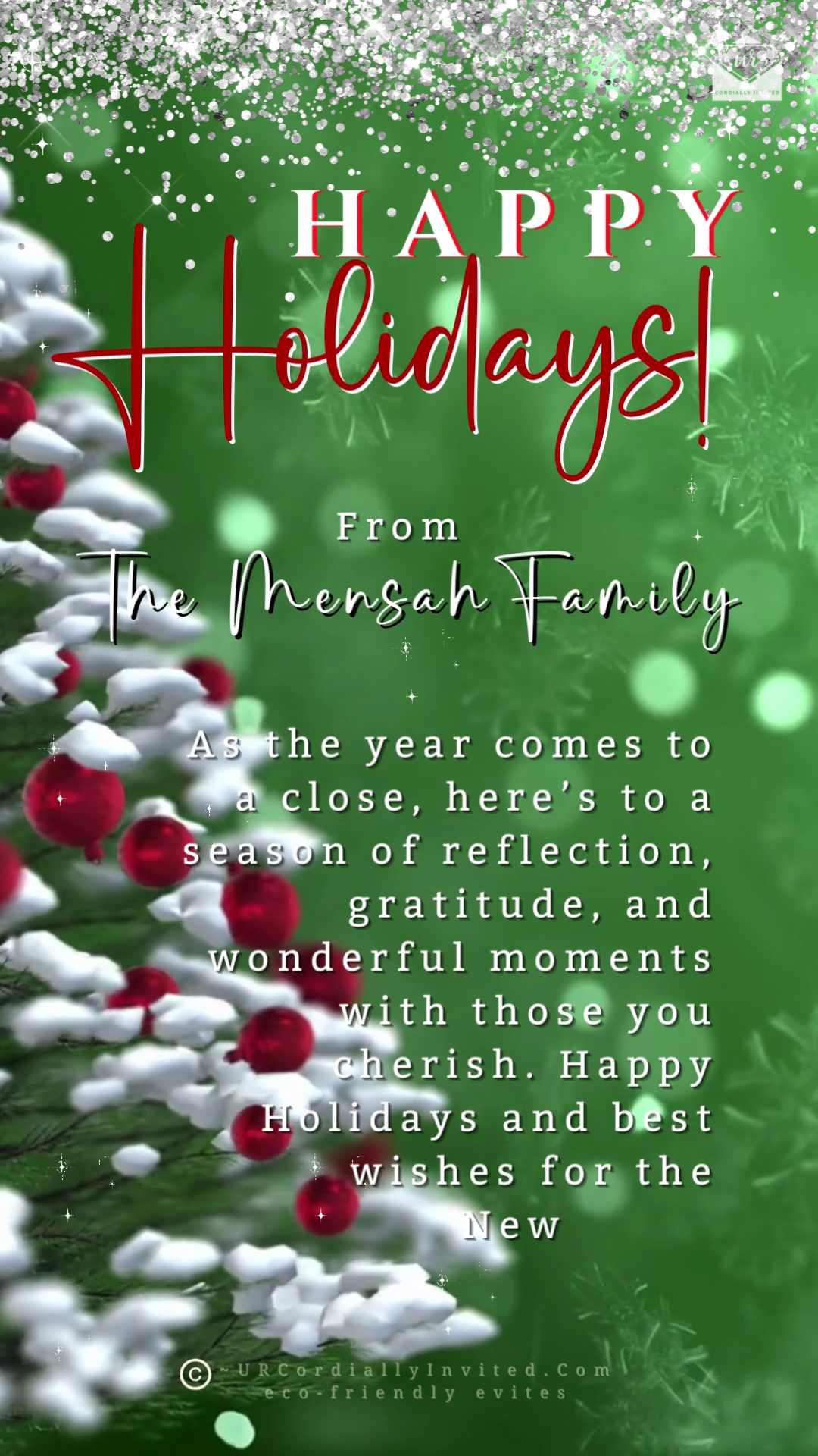 Christmas-themed digital video greeting card featuring a snow-covered tree with red ornaments. Editable in Canva, perfect for personalizing and sharing electronically via text, email, or social media.