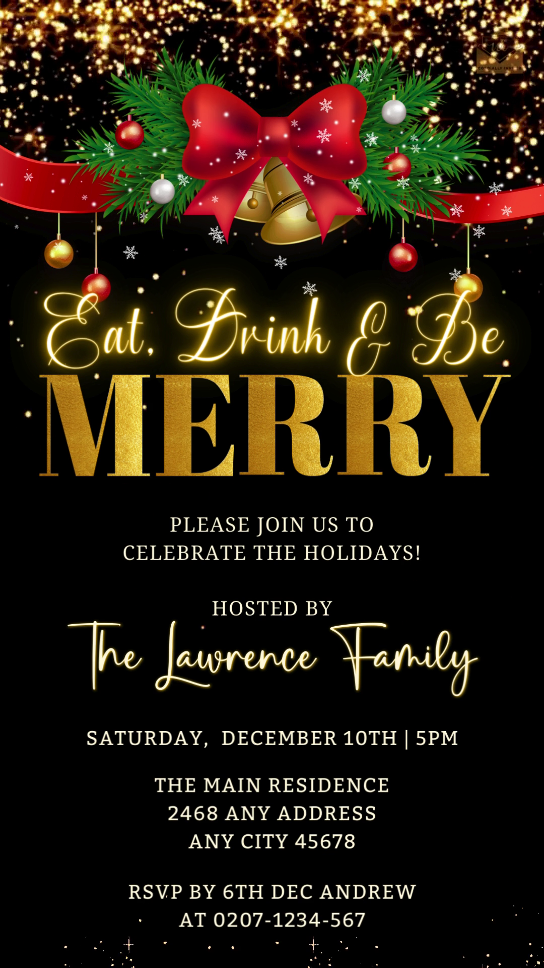 Black and gold Christmas party video invite with gold text, red bows, and festive elements like bells and pine branches.