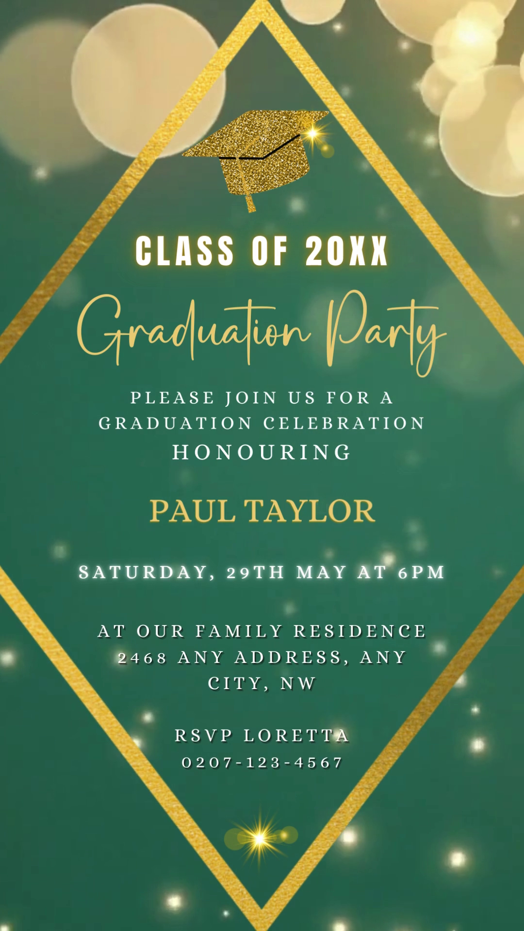 Green Gold Glitter Graduation Video Invitation, customizable via Canva, featuring green and gold design elements, including a gold graduation cap and white circle with gold stripe.