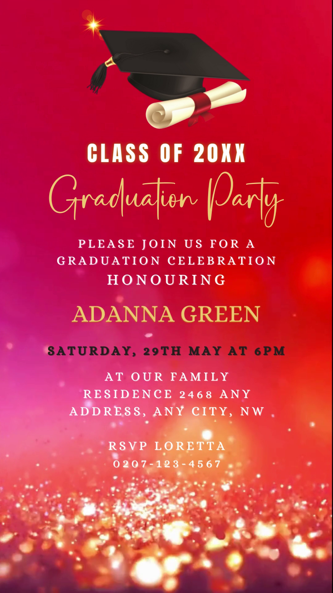 Fuchsia Gold Glitter Graduation Video Invitation with cap and diploma, customizable via Canva for electronic sharing.