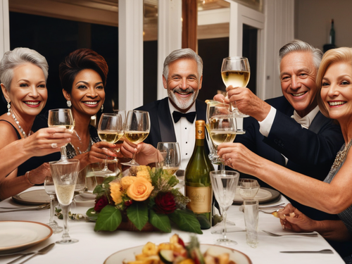 a group of diverse 60 year old couples at a dinner soiree toasting with champaign filled glasses smiling at the camera