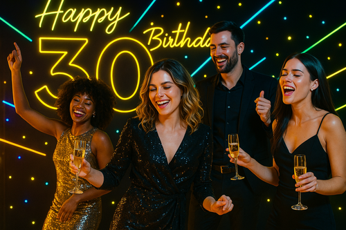 30th birthday party celebration with a group of young adults dancing with champagne glasses in hand by URCordiallyInvited digital invites
