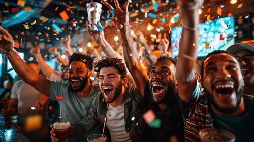 a group of young adult men in a bar with hands up in the air surrounded by party confetti celebrating a friends landmark birhtday