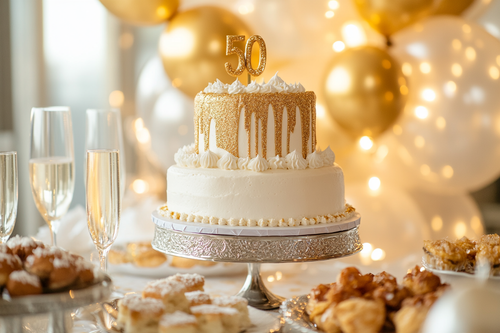 gold white 50th birthday cake set on an elegant table with champagne glass flutes by URCordiallyInvited digital birthday invites