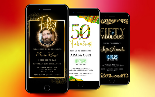 a row of 3 black mobile phones displaying customisable 50th Birthday invitations by URCordiallyInvited digital invites