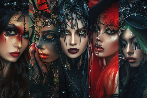 A collage showcasing different themed horrific Halloween makeup looks by URCordiallyInvited