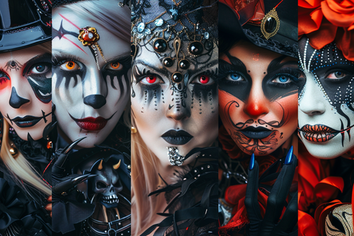 A collage showcasing different themed horrific Halloween makeup looks by URCordiallyInvited