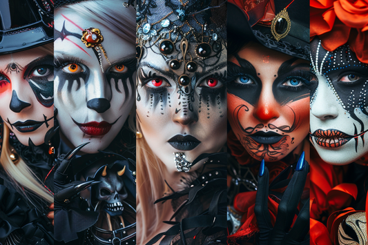 A collage showcasing different themed horrific Halloween makeup looks by URCordiallyInvited