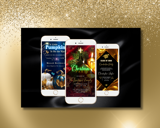 row of 3 mobile phones displaying animated 50th birthday, gender reveal and graduation animated video invites by URCordiallyInvited