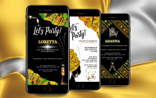  a row of 3 black mobile phones displaying African themed digital invitations with white, black, kente and ankara backgrounds by URCordiallyInvited