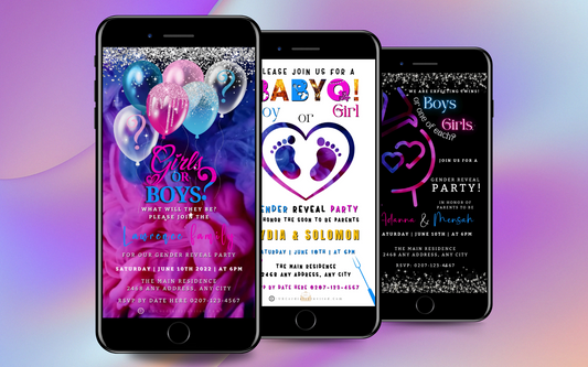 a row of 3 black mobile phones displaying customisable digital animated twins gender reveal invitations by URCordiallyInvited digital invites