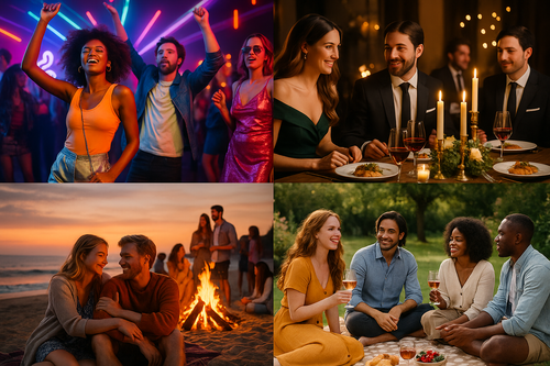 collage of various party celebrations disco, garden beach restaurant by URCordiallyInvited customisable animated Canva invitations