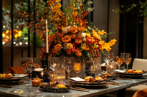 cosy autumn dinner table with a floral centre piece by URCordiallyInvited customisable digital invitations