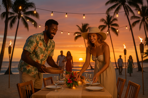 couple setting up sunset beach party by URCordiallyInvited customisable digital invites