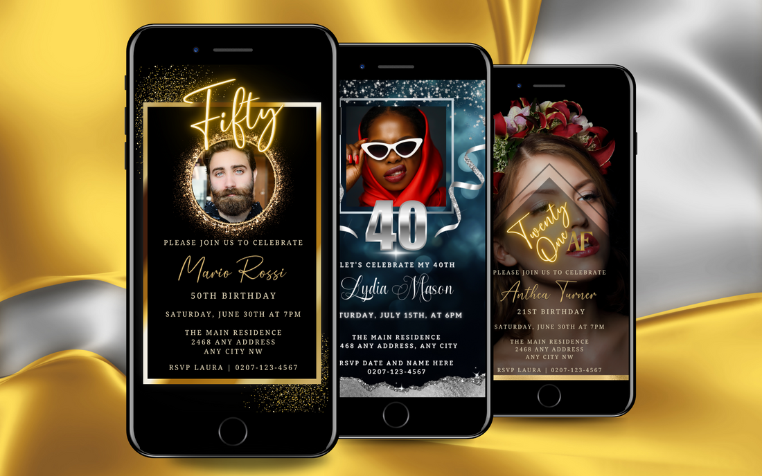 a row of 3 black mobile phones displaying Customisable Digital Invitations with Elegant Photo Frames and Backgrounds by URCordiallyInvited