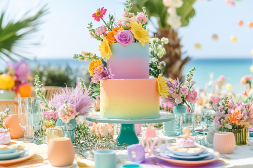 decadent colourful birthday cake set on table with party decor on beach garden by URCordiallyInvited customisable digital invitations