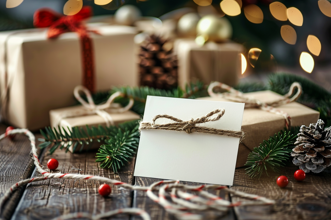 Wrapped presents with twine-tied white card and red ornaments on a table, reflecting holiday gift wrapping by URCordiallyInvited customisable digital invitations.