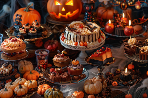a tantalizing decadent array of horrifying Halloween dripping blood and gore deserts laid out on a table decorated with Halloween ornaments by URCordiallyInvited