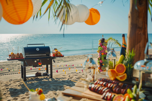 bbq party decorations with a portable bbq grill on a beach by URCordiallyInivted