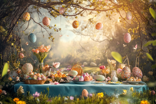 surreal beautiful easter party decorations set in a fantasy garden by URCordiallyInvited customisable digital invitatiions