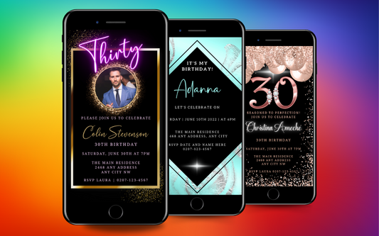 a row of 3 mobile phones displaying editable digital 30th birthday invitation by URCordiallyInvited