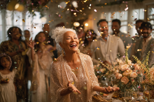 elegant 90 year old lady in rose pink glitter gown with family by URCordiallyInvited