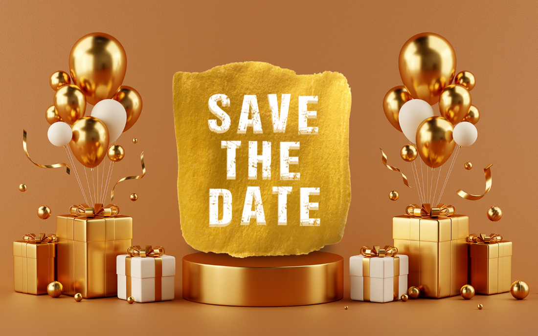 golden save the date on a gold podium surrounded by gold white balloons and gift bow boxes  by URCordiallyInvited customisable digital invitations
