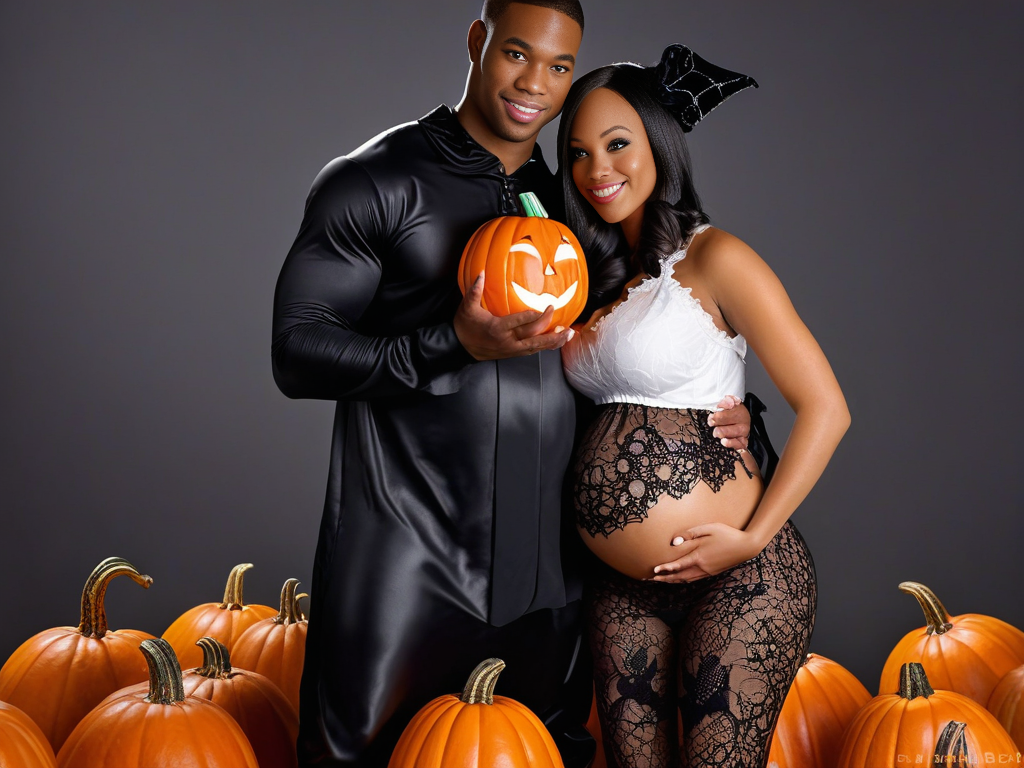 black couple wearing Halloween outfits, woman pregnant both surrounded by pumpkins on the floor