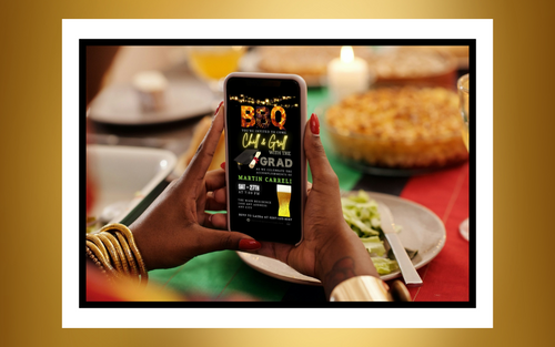 BBQ chill and grill graduation digital video invite displayed on a mobile phone held by a woman