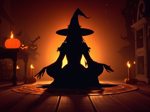 mystical witch sitting on the floor casting spells by URCordiallyInvited customisable digital animated Halloween invitations