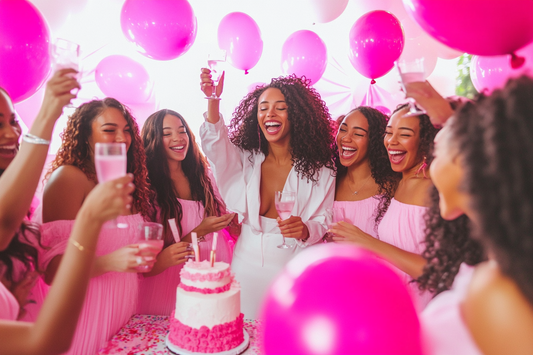 30th birthday celebration with a group of a diverse range of young ladies wearing fuchsia pink and white toasting the celebrant next to a birthday cake by URCordiallyInvited