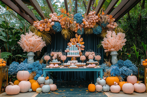 pumpkin themed baby shower blue and pink decorations in a beautiful garden by URCordiallyInvited customisable digital invitations