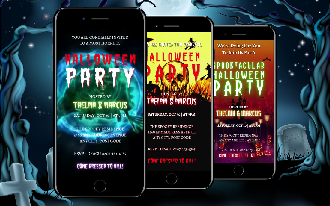 row of 3 black mobile phones displaying customisable animated video halloween invites by URCordiallyinvited