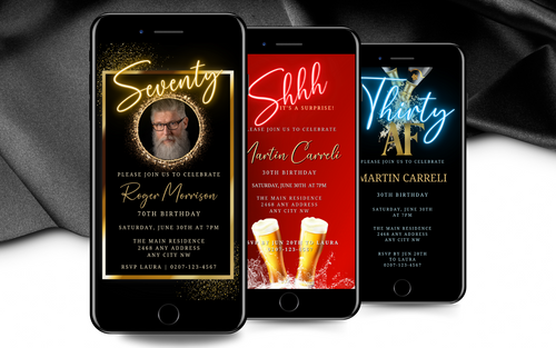 row of 3 mobile phones displaying birthday invitations for men by URCordiallyInvited