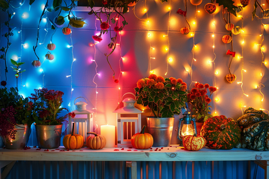 thanksgiving decorations string lights neon pumpkins candles in an ambient room by URCordiallyInvited digital invitations