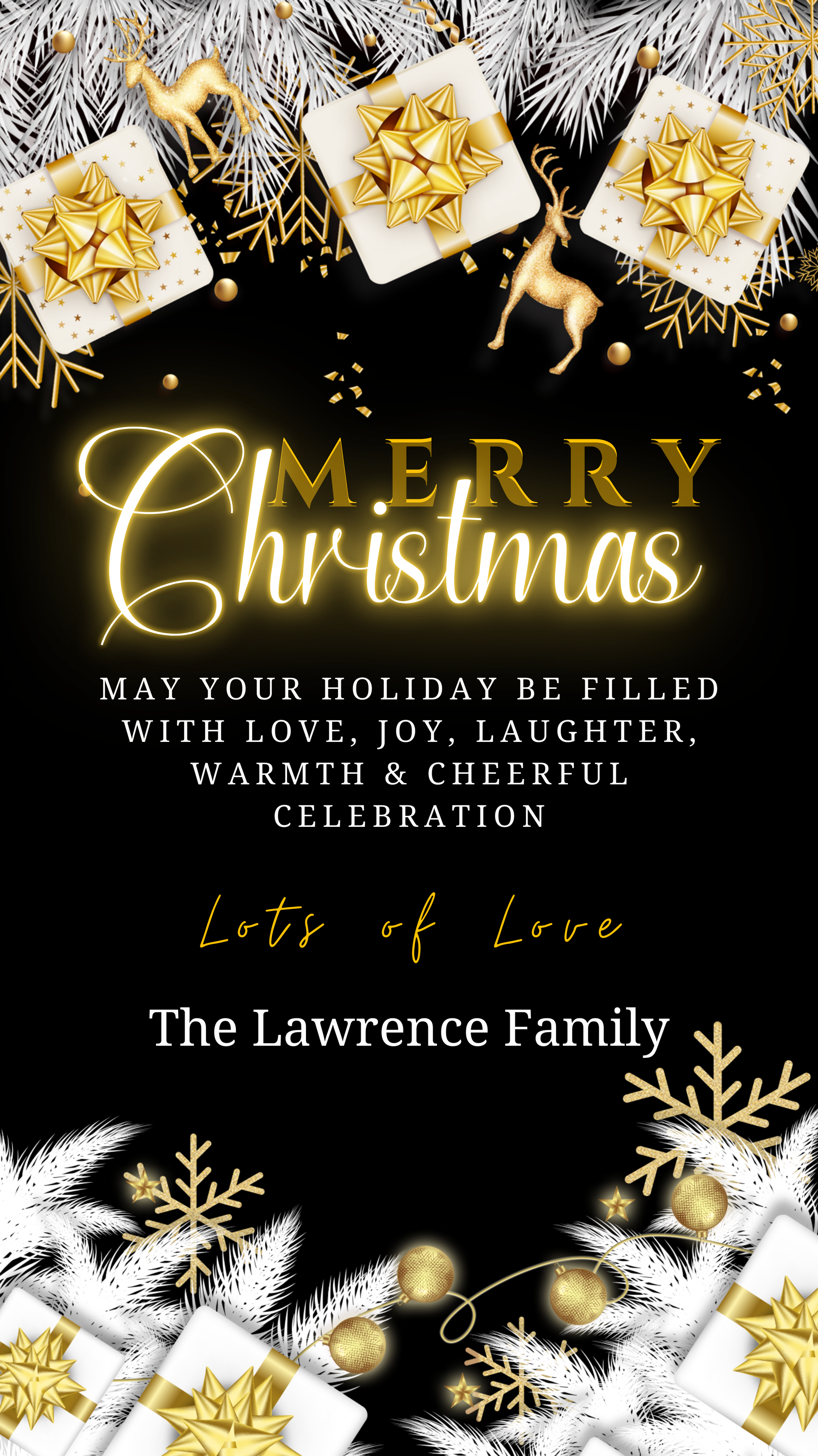 Neon White Gold Merry Christmas Ecard with black and gold holiday-themed design, featuring editable text and gold ornaments, customizable via Canva for digital sharing.