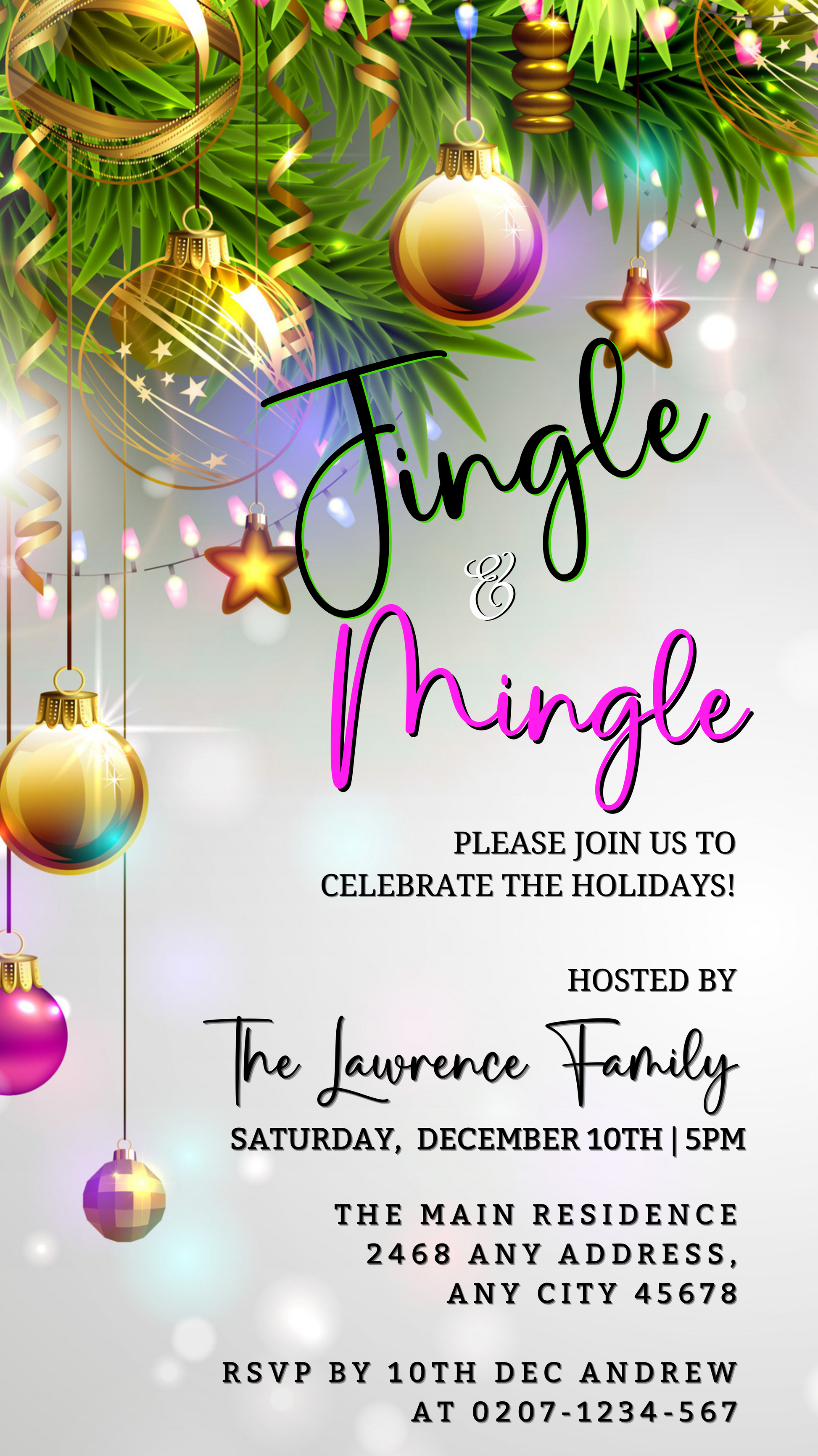 Jingle & Mingle Rose Gold Christmas Party Invitation with festive ornaments and lights, customizable digitally via Canva for smartphones.