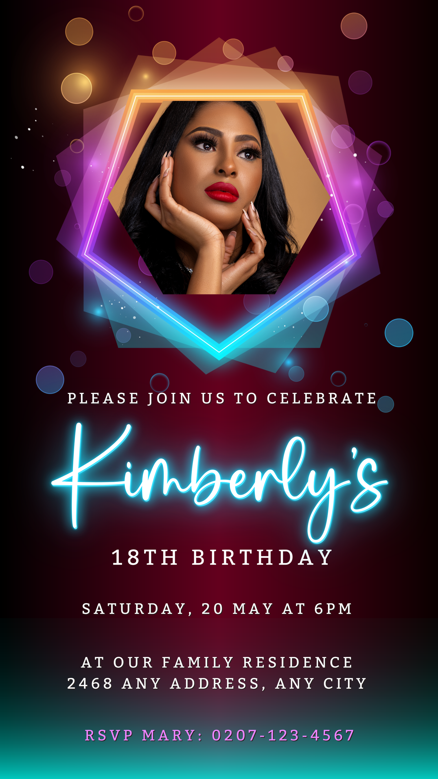 Customizable Digital Neon Maroon Teal Birthday Party Evite featuring a woman with hands on her face, editable via Canva for easy event personalization and electronic sharing.