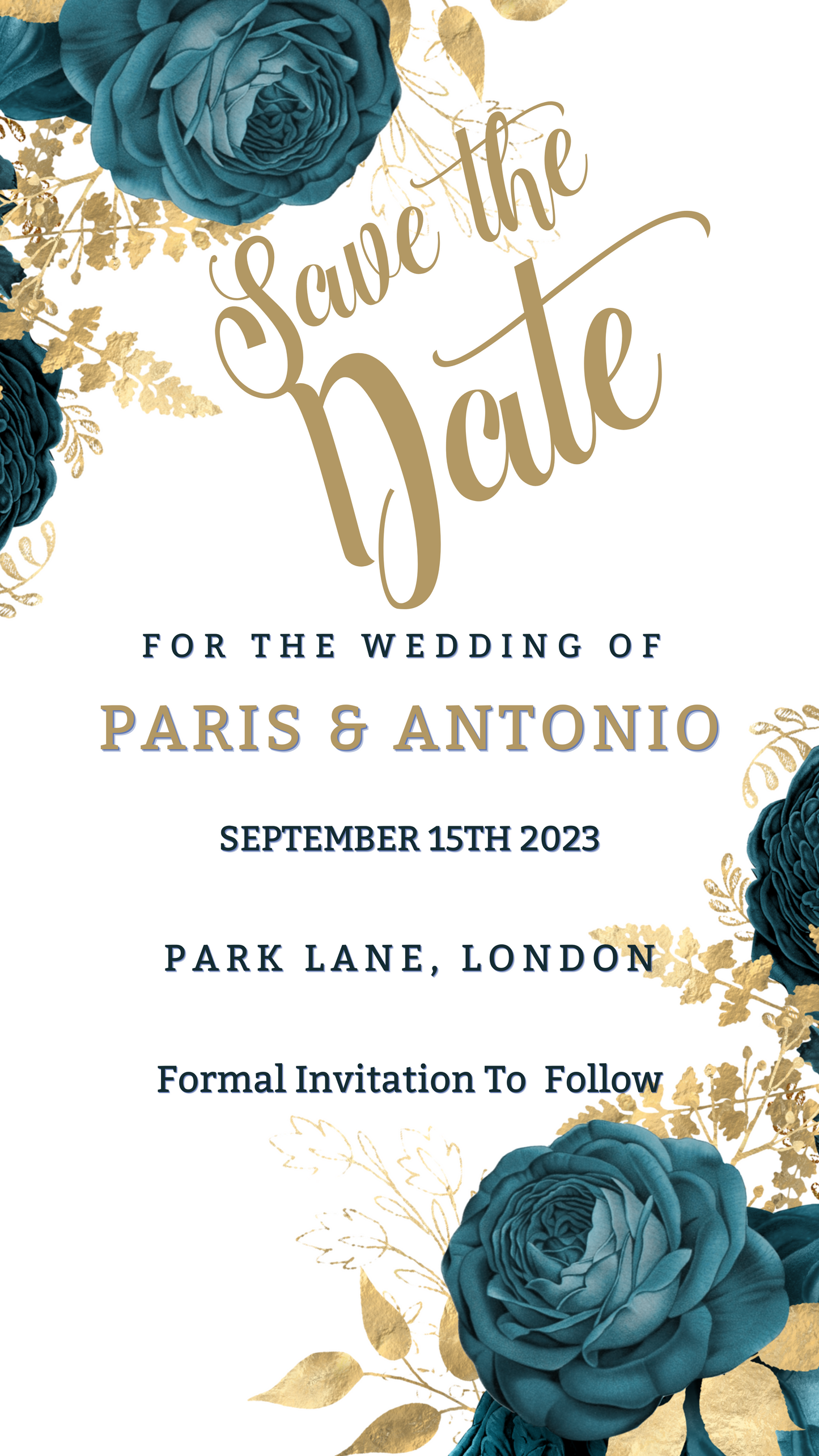 Rustic Gold Blue Save The Date Wedding Evite with white and gold design, blue flowers, and editable text, perfect for digital sharing via smartphone.