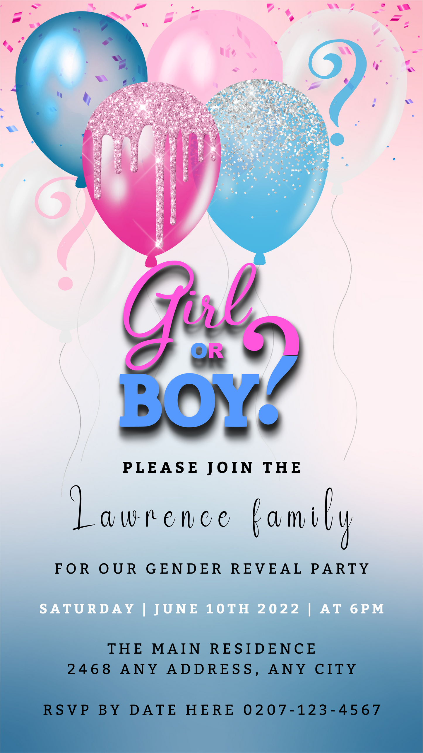 Customizable digital invitation featuring pink and blue balloons with glitter, ideal for gender reveal parties. Editable via Canva for easy personalization and electronic sharing.