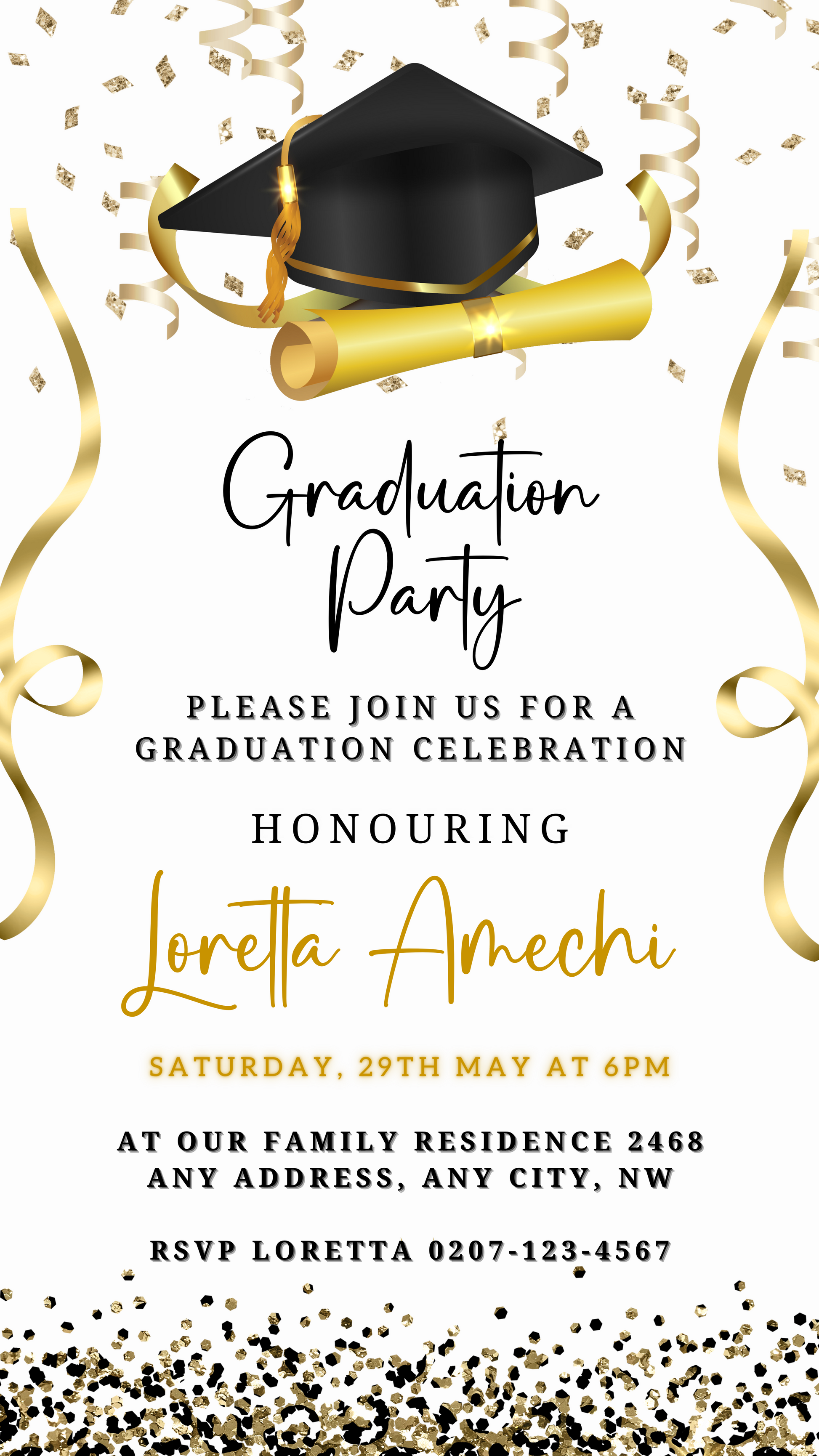 Gold & Black Digital Graduation Party Invitation featuring a customizable design with a graduation cap and gold accents, ideal for electronic sharing via smartphone.