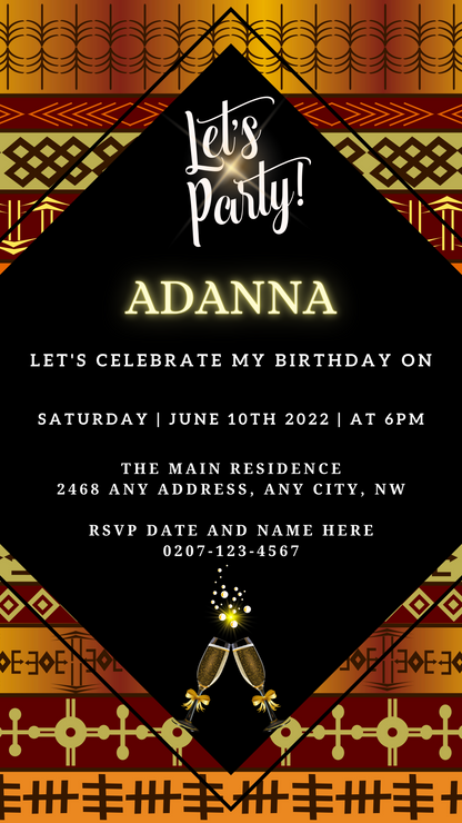 Black and gold digital invitation with diamond pattern and editable text for various events. Customizable via Canva for smartphones, tablets, or PCs.
