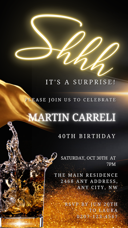 Gold Neon Surprise | Birthday Party Evite showcasing editable text on a glittery background, a splash of liquid, and musical instrument graphics. Downloadable, customizable Canva template for digital invitations.